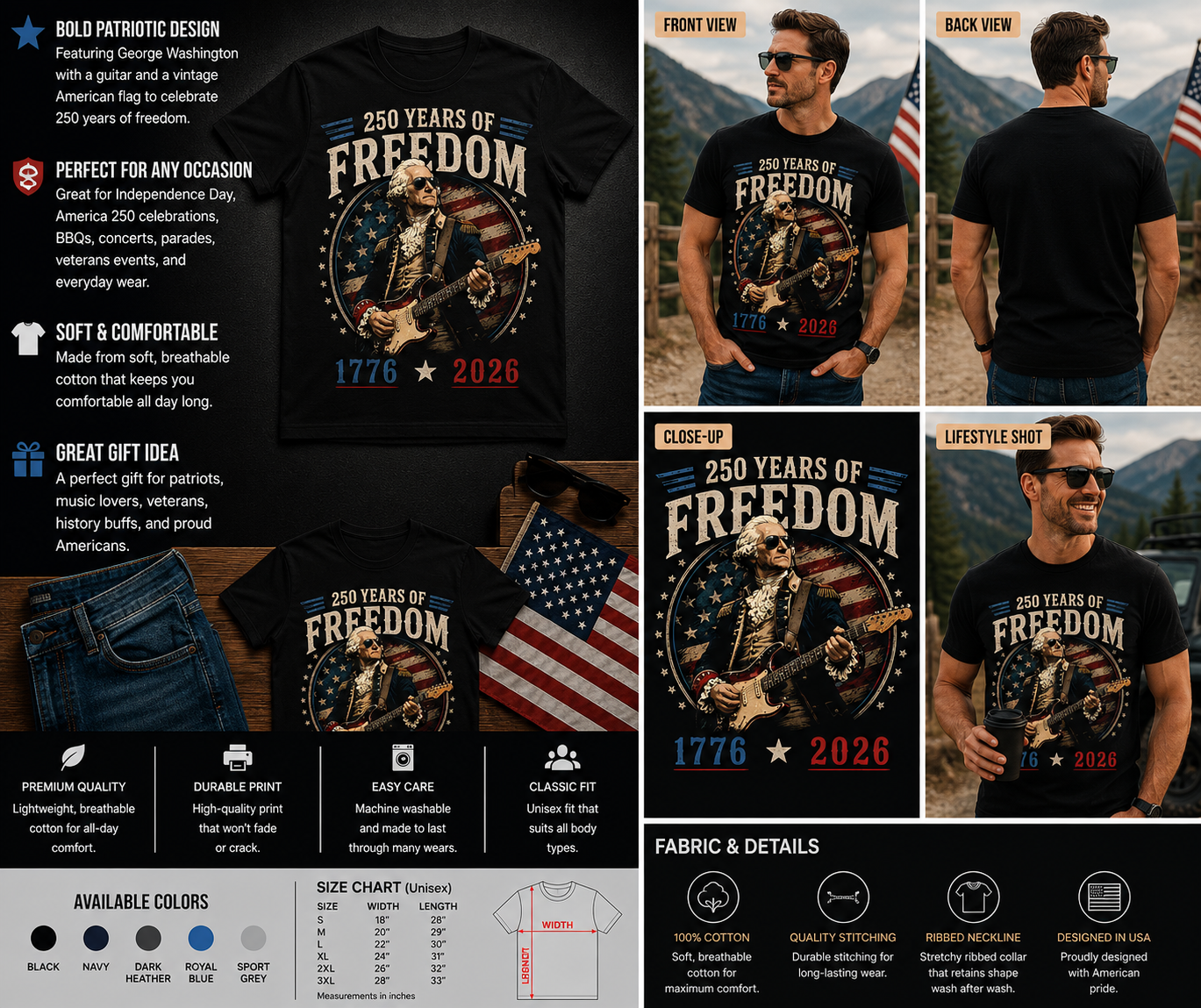 250 Years of Freedom George Washington Guitar Patriotic T-Shirt 1776–2026