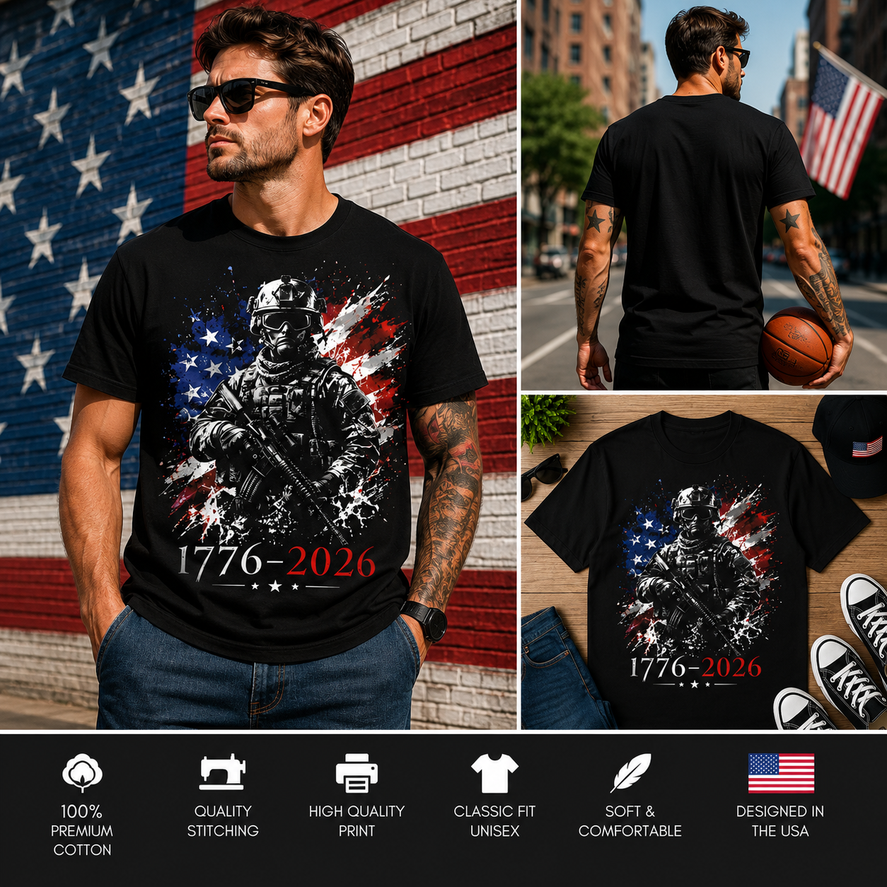 1776–2026 Patriotic Soldier 250th Anniversary 4th of July T-Shirt