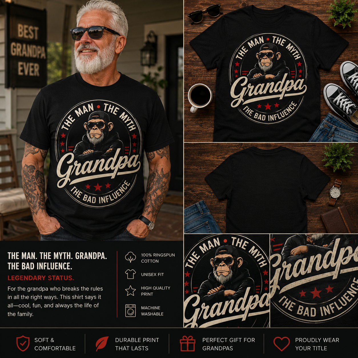 The Man The Myth The Bad Influence Grandpa Monkey T-Shirt – Funny Grandpa Graphic Tee, Cool Grandpa Gift Shirt, Vintage Family Humor Unisex Tee