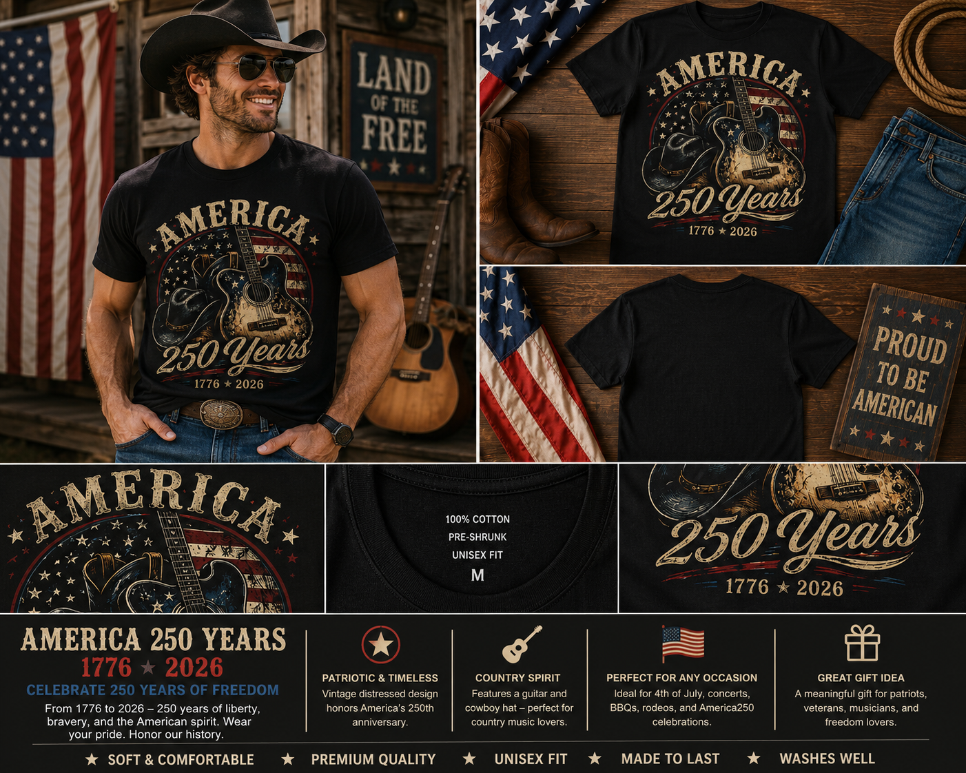 America 250 Years Patriotic Country Guitar T-Shirt, 1776–2026 USA 250th Anniversary Vintage Western Independence Day Tee