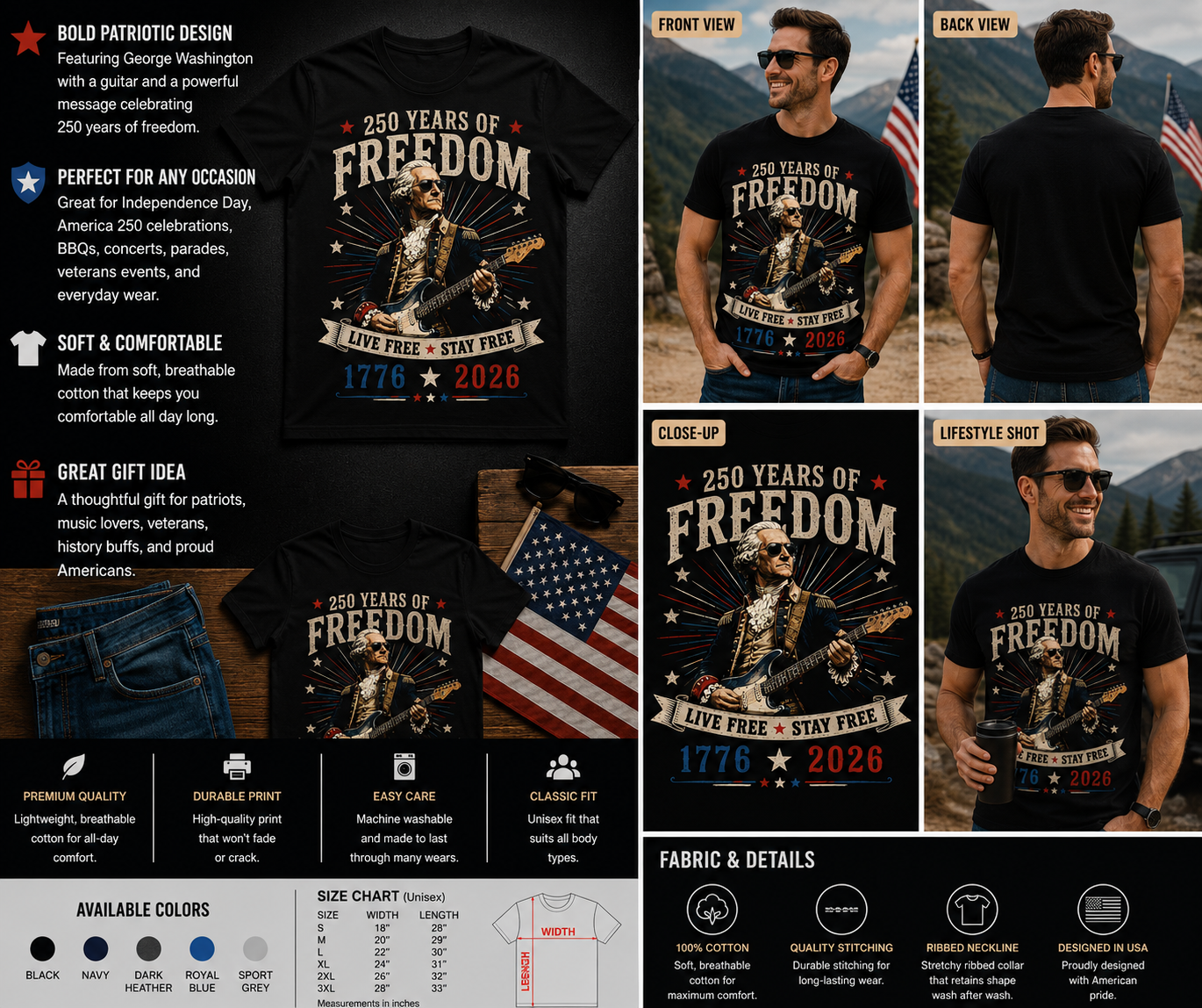 250 Years of Freedom George Washington Live Free Stay Free Patriotic Guitar T-Shirt
