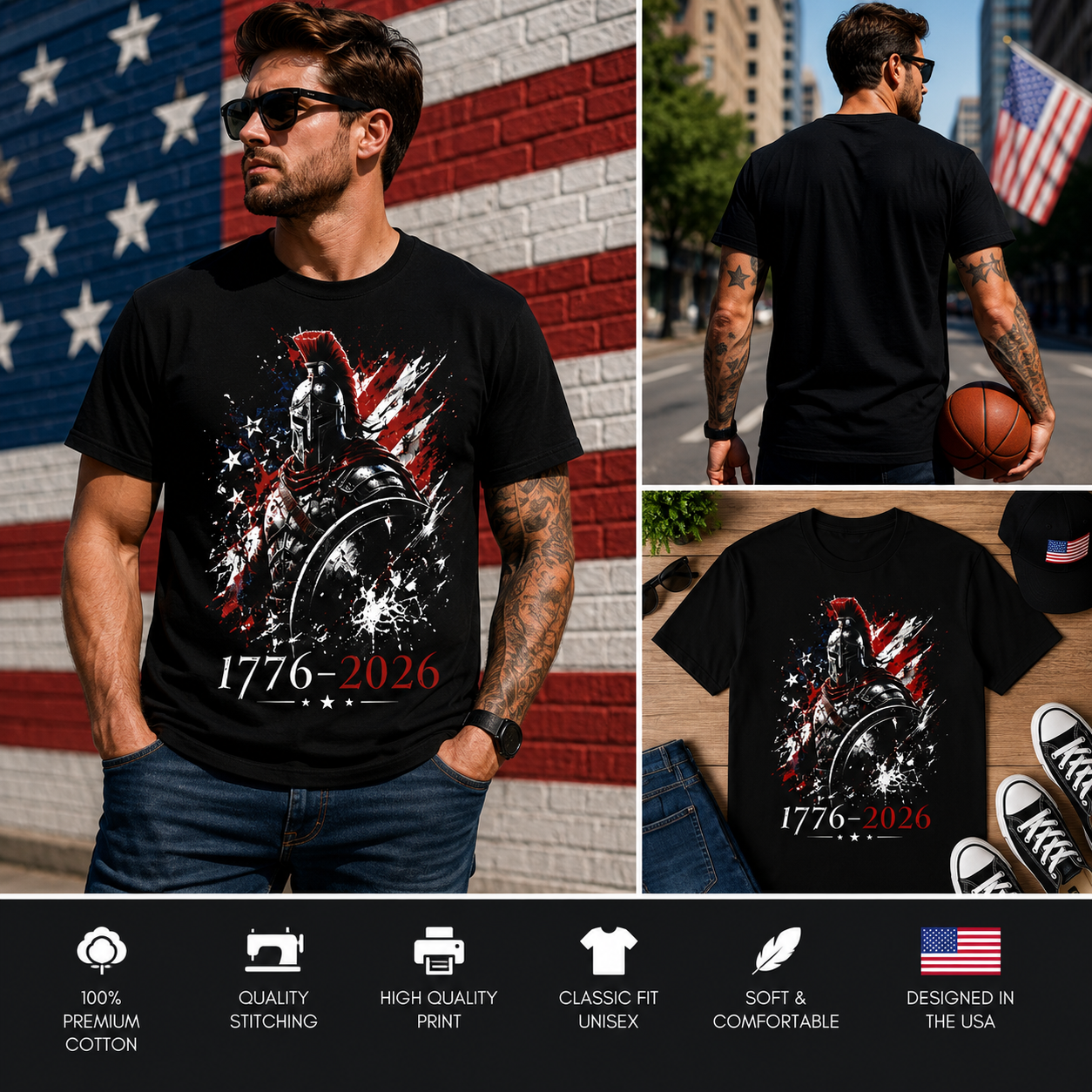 1776–2026 Patriotic Spartan Warrior 250th Anniversary USA Independence Day T-Shirt