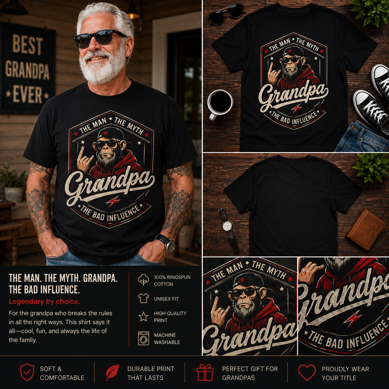 The Man The Myth The Bad Influence Grandpa T-Shirt – Funny Monkey Grandpa Graphic Tee, Cool Grandpa Gift, Vintage Humor Unisex Shirt