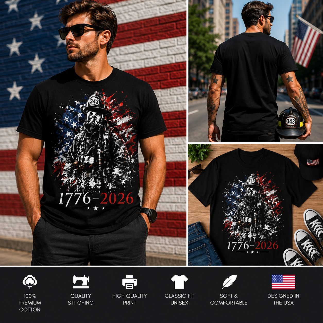 1776–2026 Patriotic Firefighter 250th Anniversary American Independence Day T-Shirt