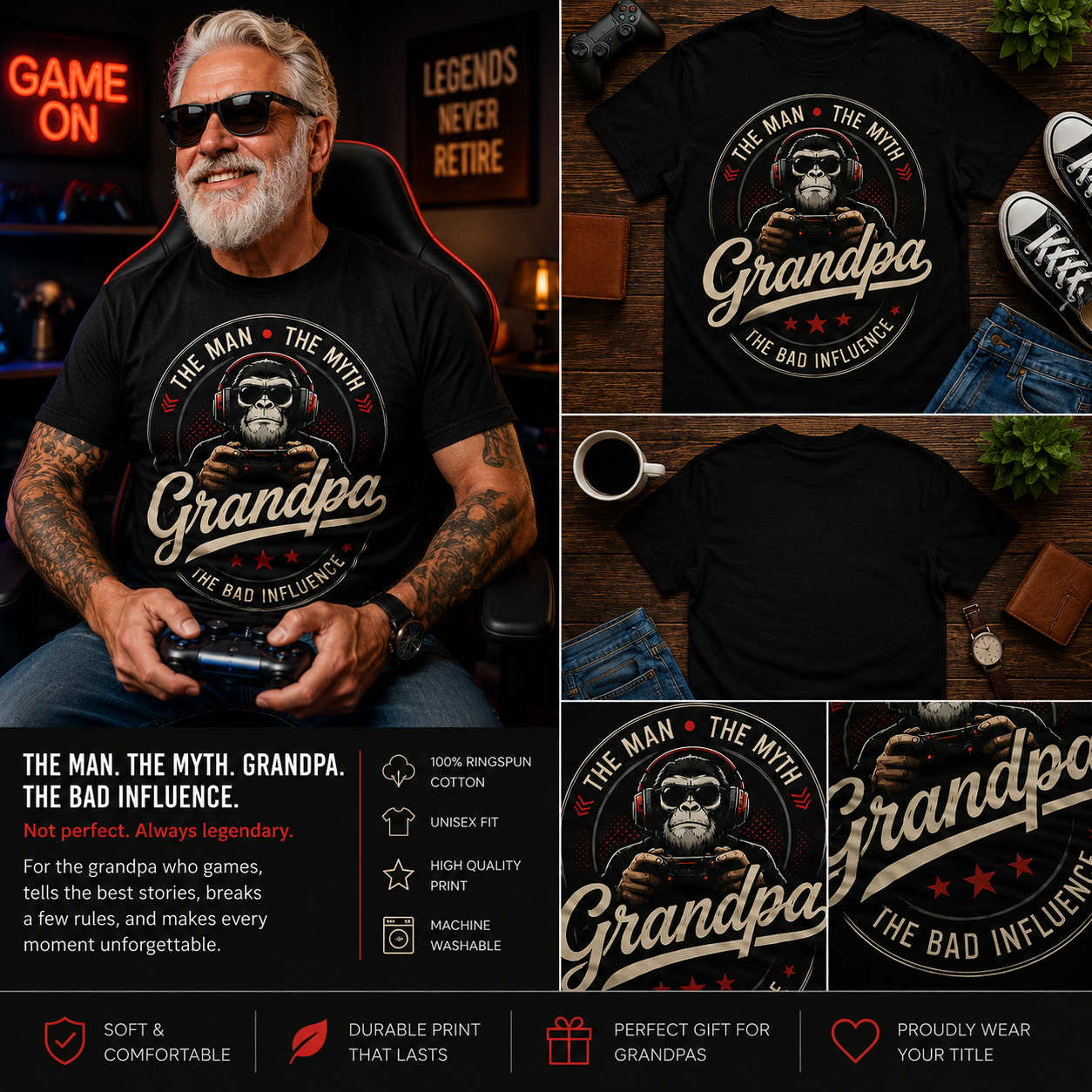 The Man The Myth The Bad Influence Grandpa Gamer T-Shirt – Funny Cool Grandpa Monkey Graphic Tee, Gamer Grandpa Gift, Vintage Unisex Shirt