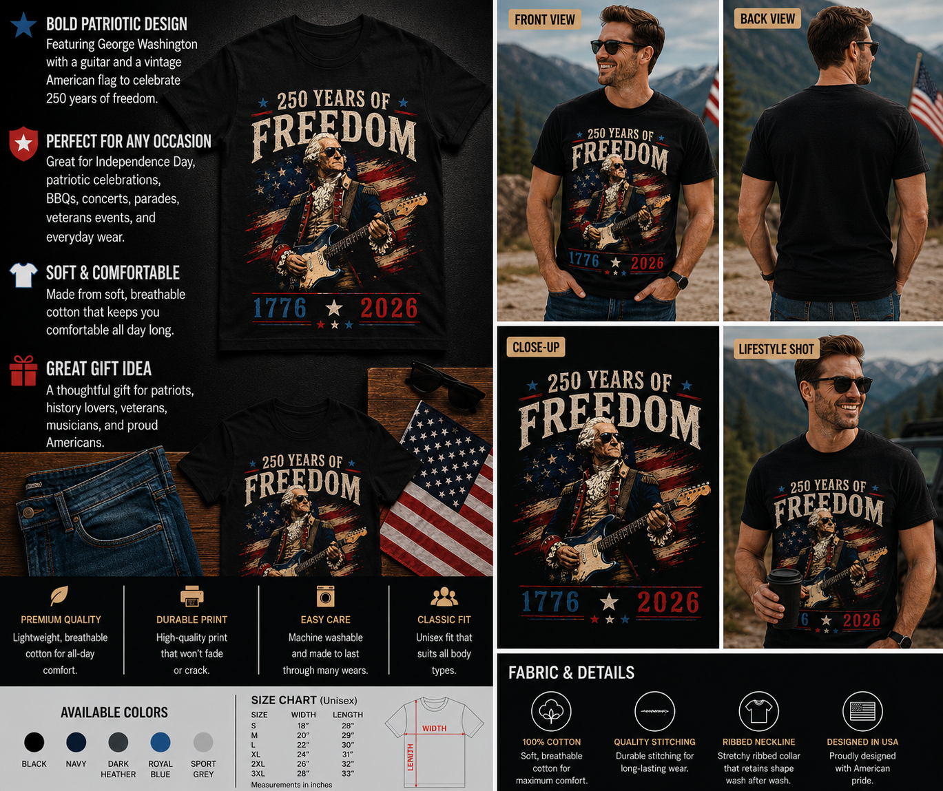 250 Years of Freedom George Washington Guitar Patriotic T-Shirt – 1776–2026 American Independence Tee