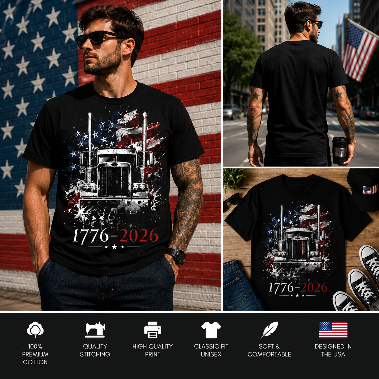 1776–2026 Patriotic American Semi Truck 250th Anniversary Independence Day T-Shirt