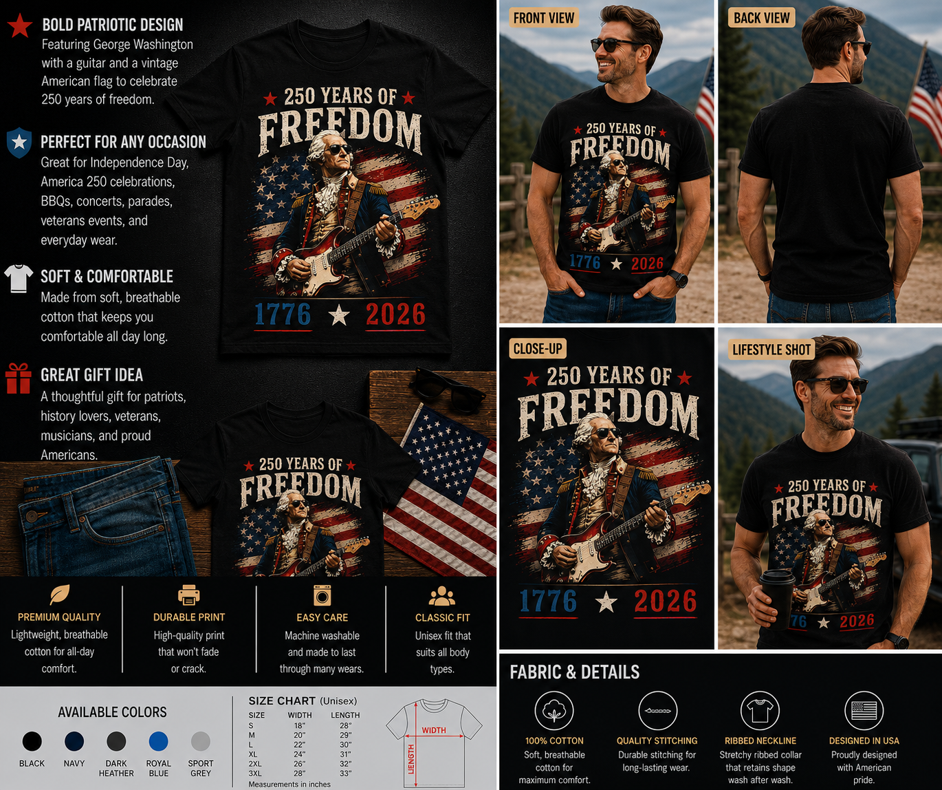 250 Years of Freedom George Washington Rock Guitar Patriotic T-Shirt – 1776–2026 America Anniversary Tee