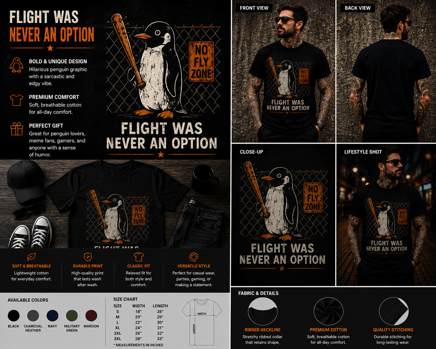 Flight Was Never an Option Penguin Baseball Bat Shirt – Funny Sarcastic Penguin Graphic Tee