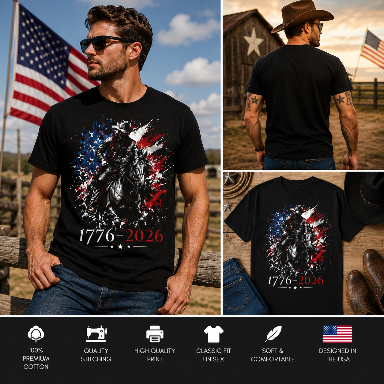 1776–2026 Patriotic Cowboy Rider 250th Anniversary American Independence Day T-Shirt