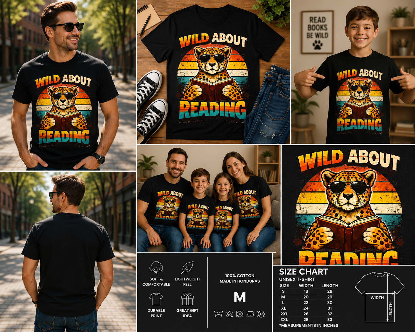 Wild About Reading Cheetah T-Shirt – Funny Retro Animal Book Lover Graphic Tee