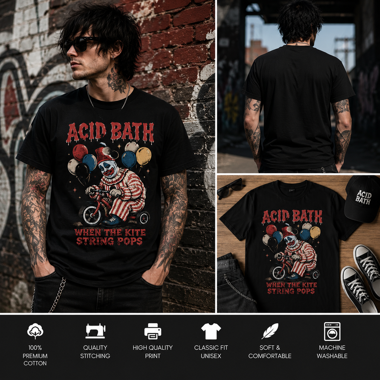 Acid Bath When The Kite String Pops Horror Clown Graphic T-Shirt – Vintage Sludge Metal Inspired Tee