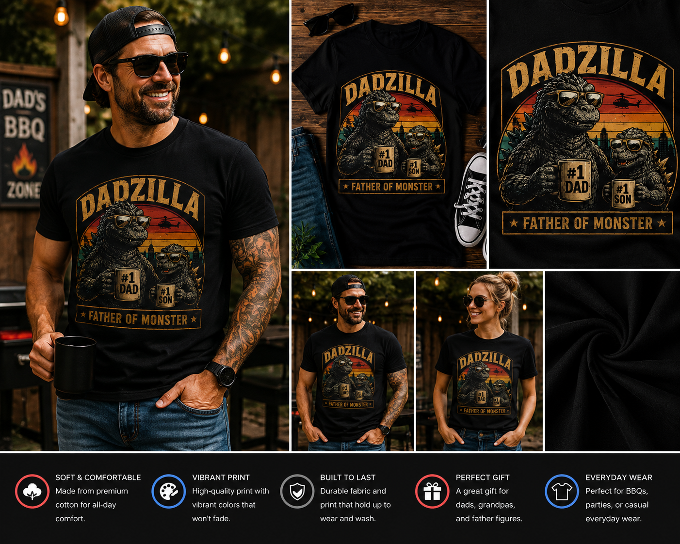 Dadzilla Father of Monsters T-Shirt – Funny Father & Son Monster Dad Graphic Tee, Father’s Day Gift for Dads