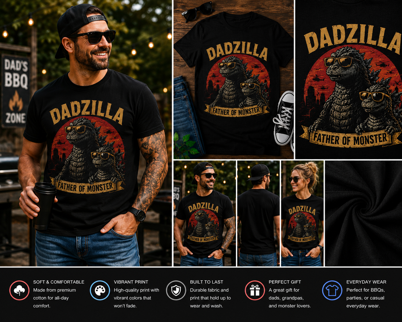 Dadzilla Father of Monster T-Shirt – Funny Monster Dad & Son Graphic Tee, Father’s Day Gift for Cool Dads
