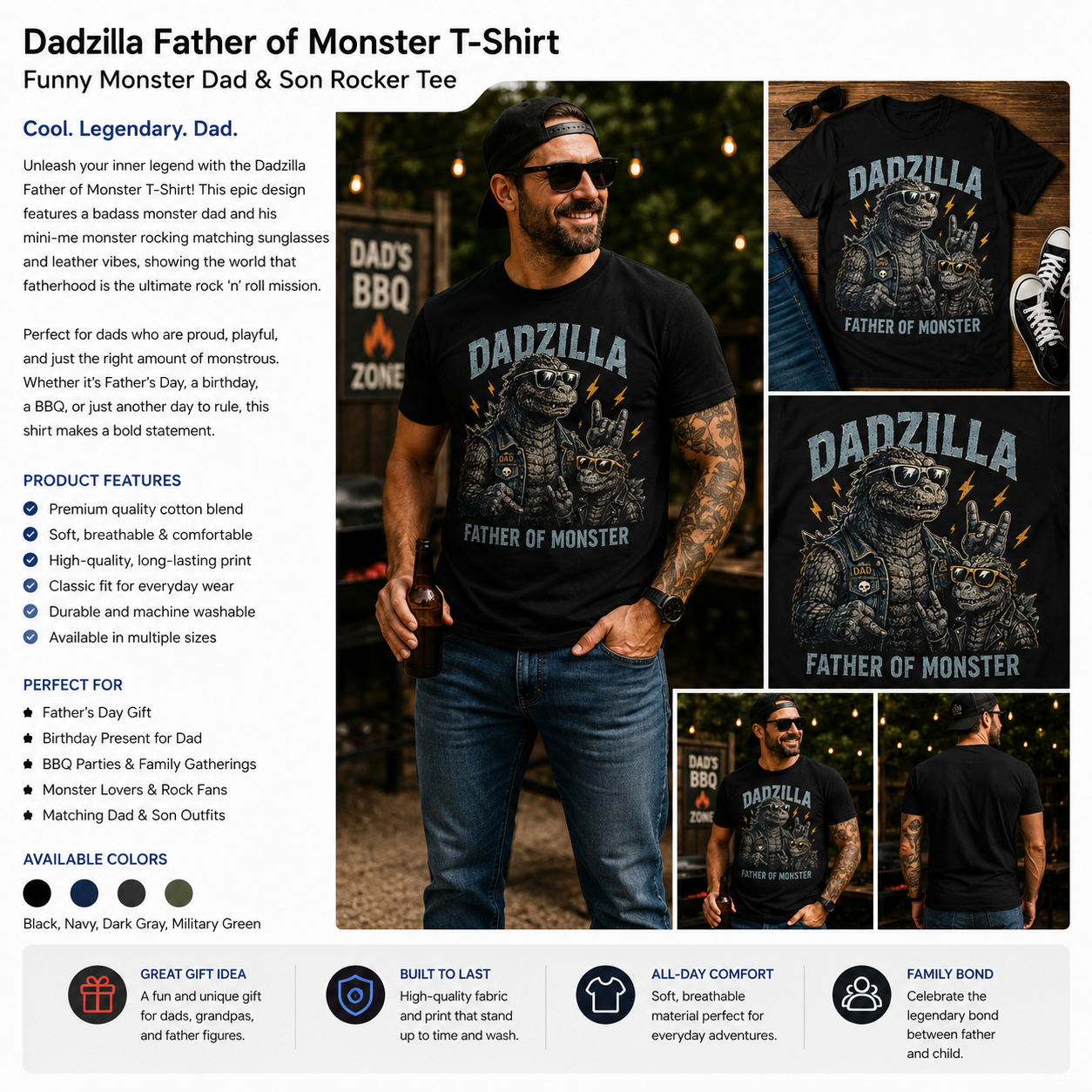 Dadzilla Father of Monster Funny Dad and Son Godzilla Vintage T-Shirt | Cool Father's Day Gift for Dads
