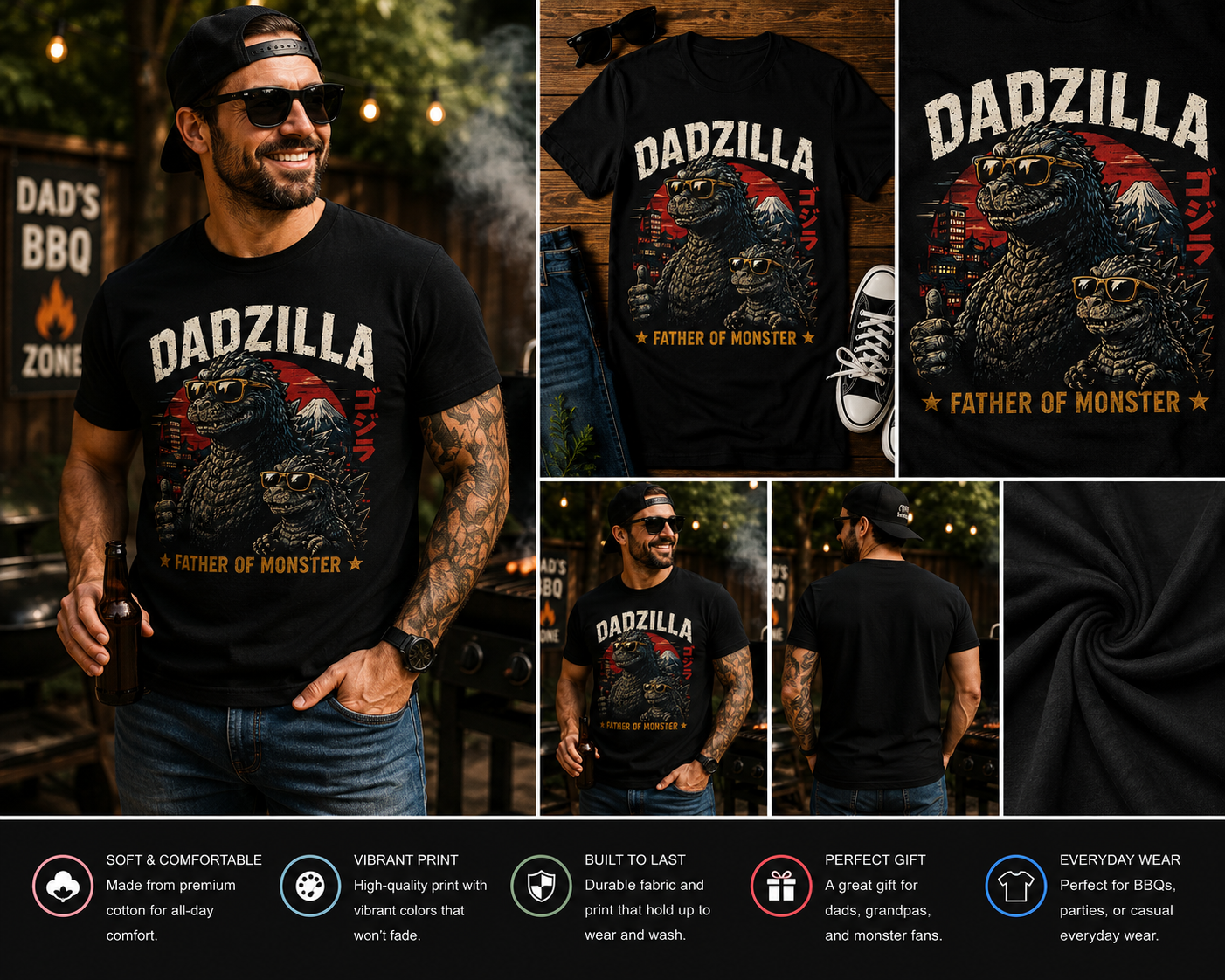 Dadzilla Father of Monster Vintage Japanese Kaiju Dad T-Shirt | Funny Father's Day Gift for Dad