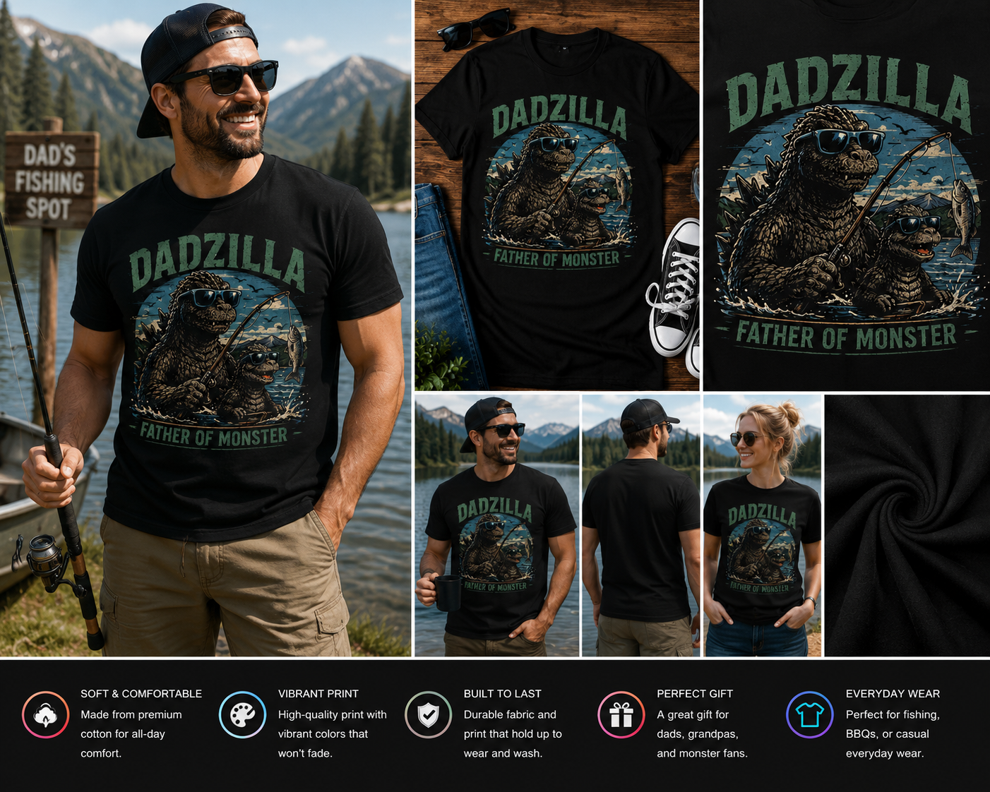 Dadzilla Father of Monster Fishing Dad T-Shirt – Funny Father’s Day Godzilla Dad Graphic Tee