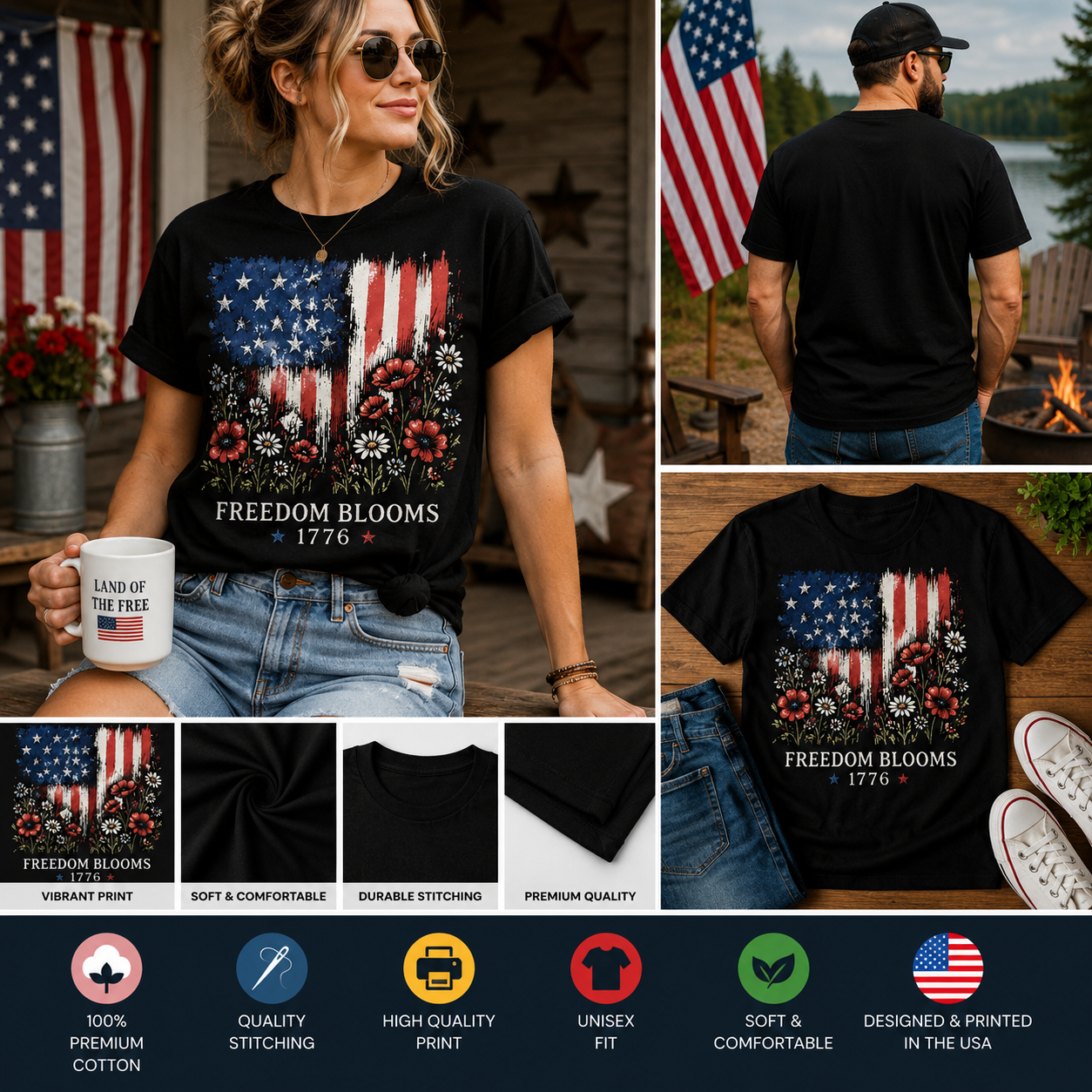 Freedom Blooms 1776 Patriotic Floral American Flag T-Shirt | Vintage USA Poppy Flower Independence Day Graphic Tee
