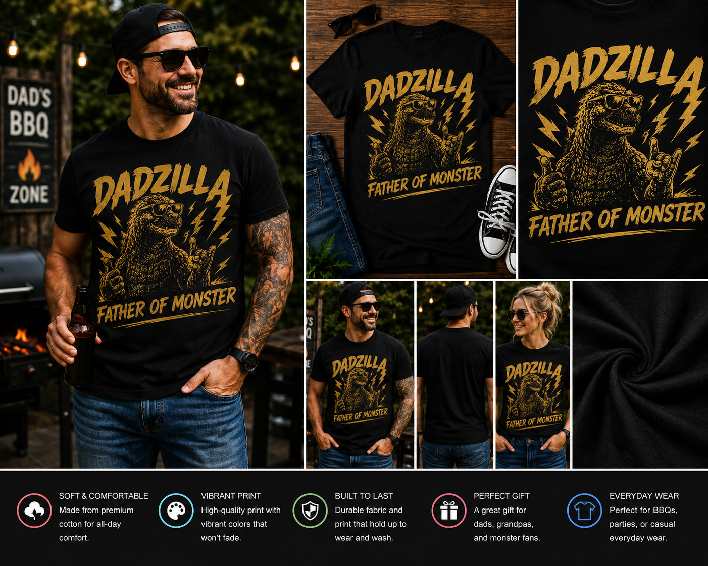 Dadzilla Father of Monster Funny Dad T-Shirt – Cool Godzilla Dad Graphic Tee for Father’s Day