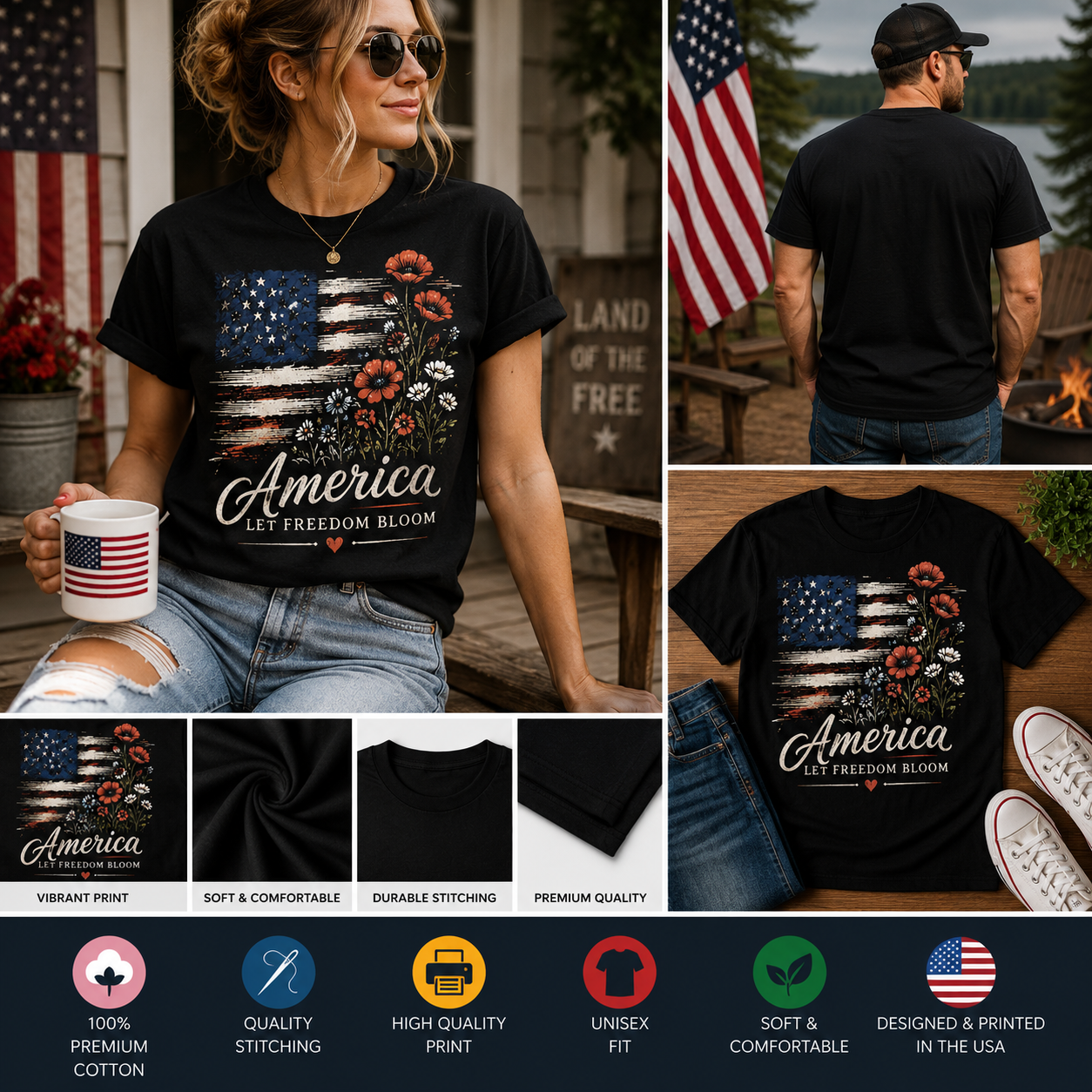 America Let Freedom Bloom Floral American Flag T-Shirt | Patriotic Poppy Flower USA Graphic Tee | Fourth of July Independence Day Shirt