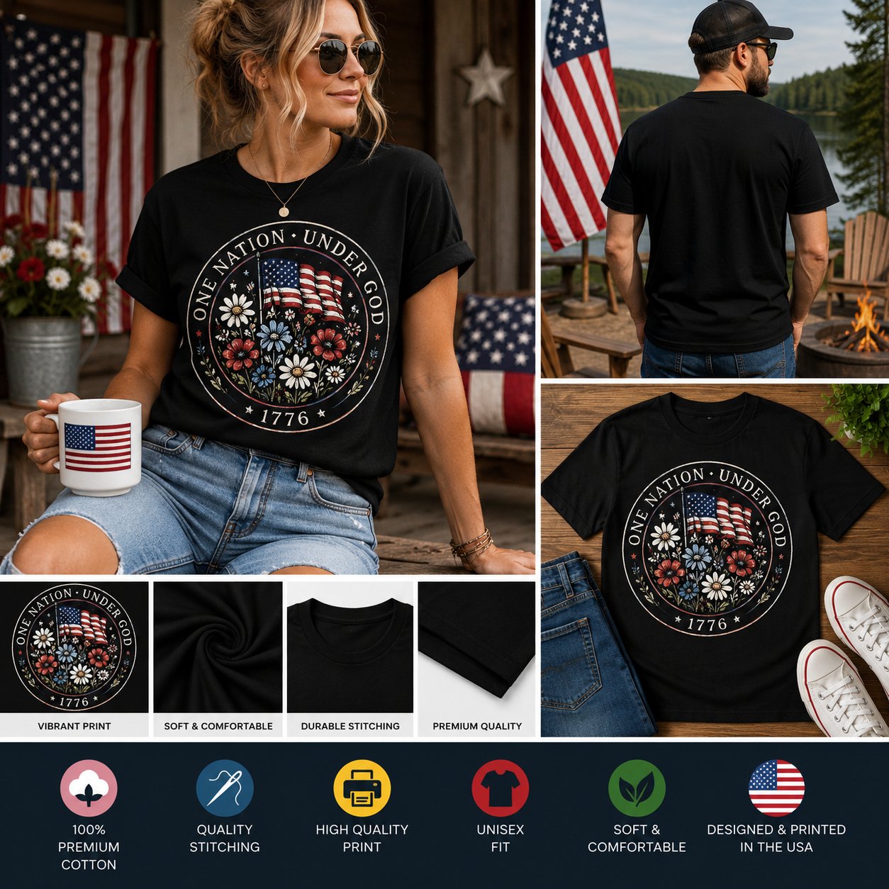 One Nation Under God 1776 Patriotic Floral American Flag T-Shirt | Vintage USA Independence Tee | Fourth of July Shirt