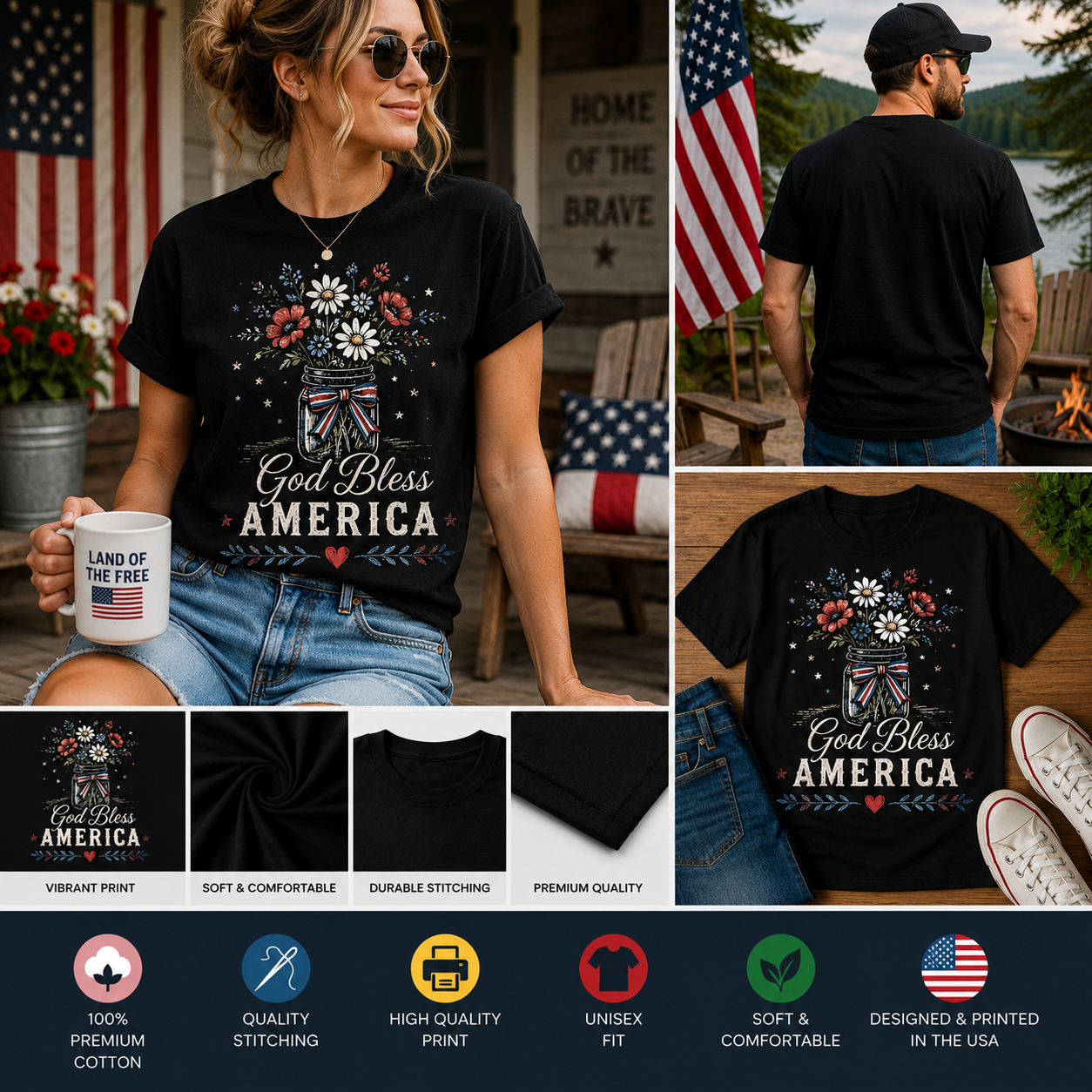 God Bless America Patriotic Floral Mason Jar T-Shirt | Vintage USA Independence Day Shirt | Fourth of July Graphic Tee