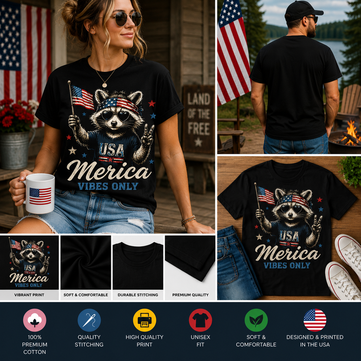 Funny Merica Vibes Only Raccoon Patriotic T-Shirt | USA Flag Fourth of July Graphic Tee | Cute Independence Day Shirt