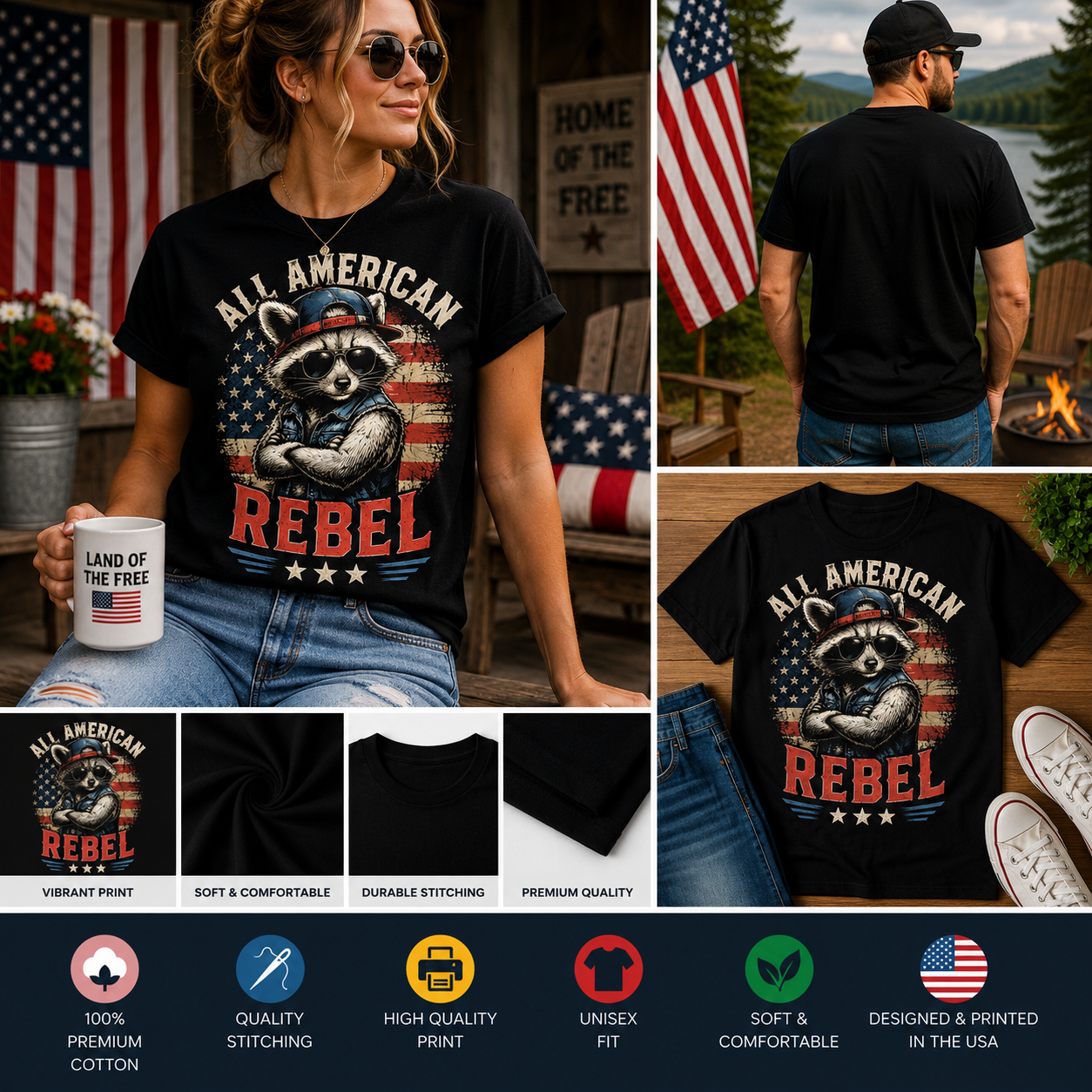 All American Rebel Raccoon Patriotic T-Shirt | Funny USA Flag Graphic Tee | Vintage Fourth of July Independence Day Shirt