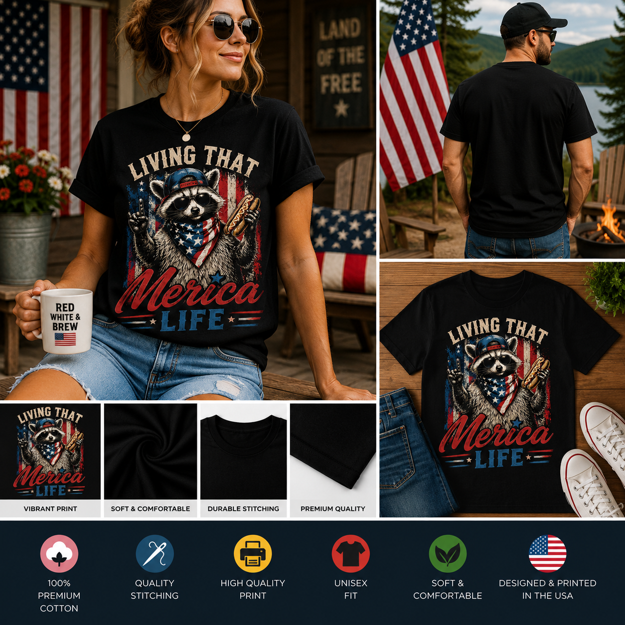 Living That ’Merica Life Raccoon Hot Dog Patriotic USA Flag Funny 4th of July T-Shirt