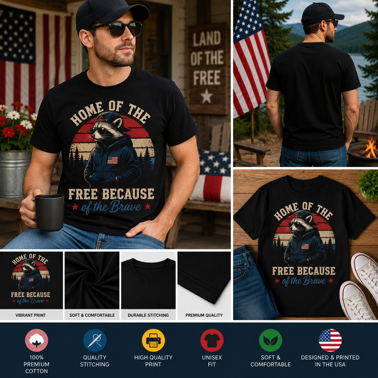 Home of the Free Because of the Brave Raccoon Patriotic USA T-Shirt | Funny 4th of July Independence Day Graphic Tee