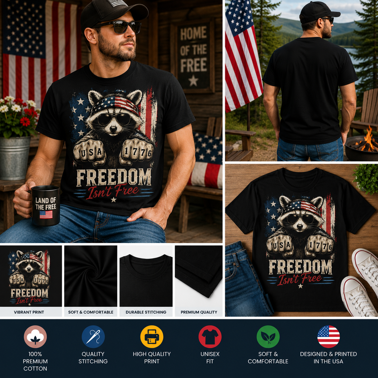 Freedom Isn't Free Patriotic Raccoon USA 1776 T-Shirt | Funny American Independence Day Graphic Tee