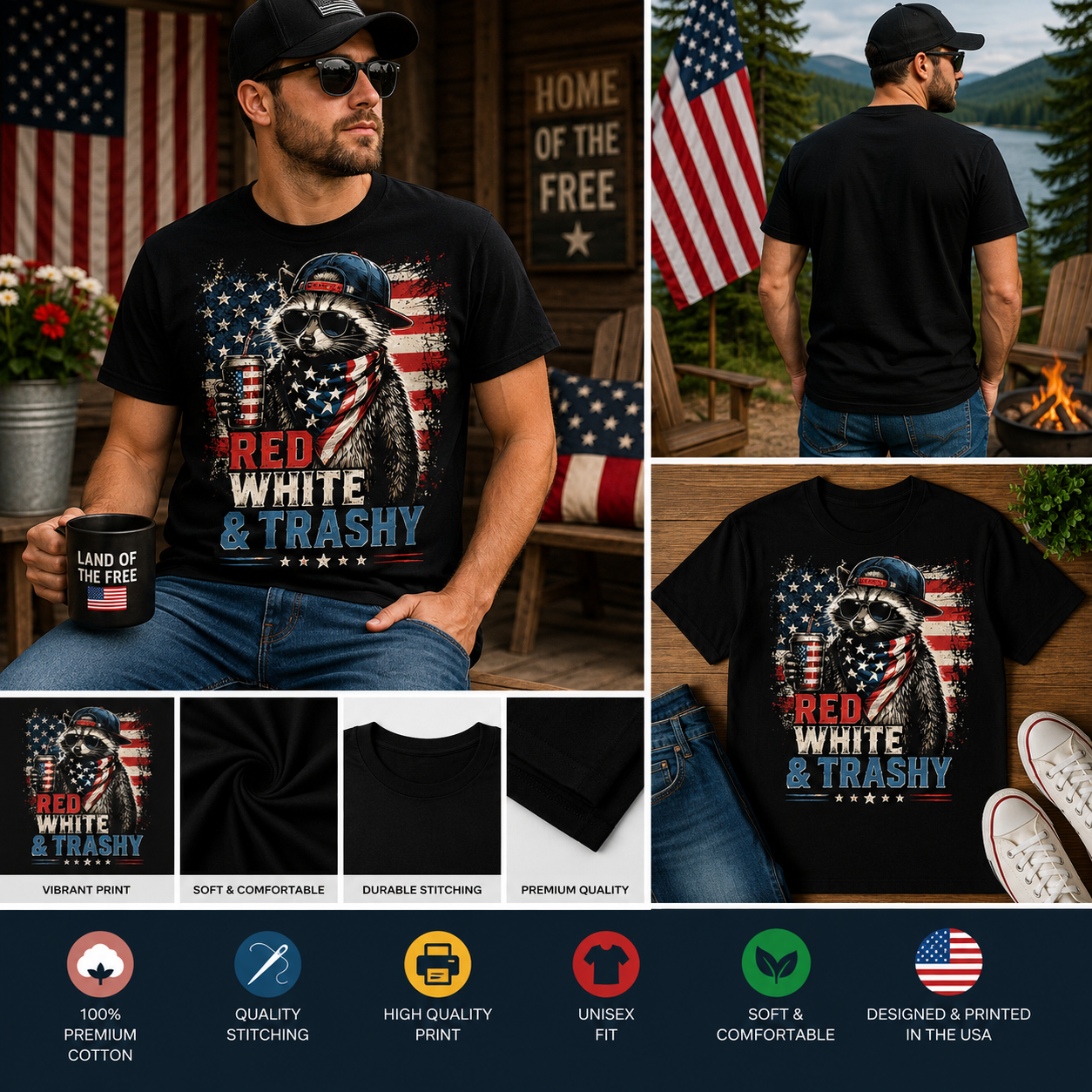 Red White & Trashy Raccoon Patriotic USA T-Shirt | Funny 4th of July Independence Day Graphic Tee