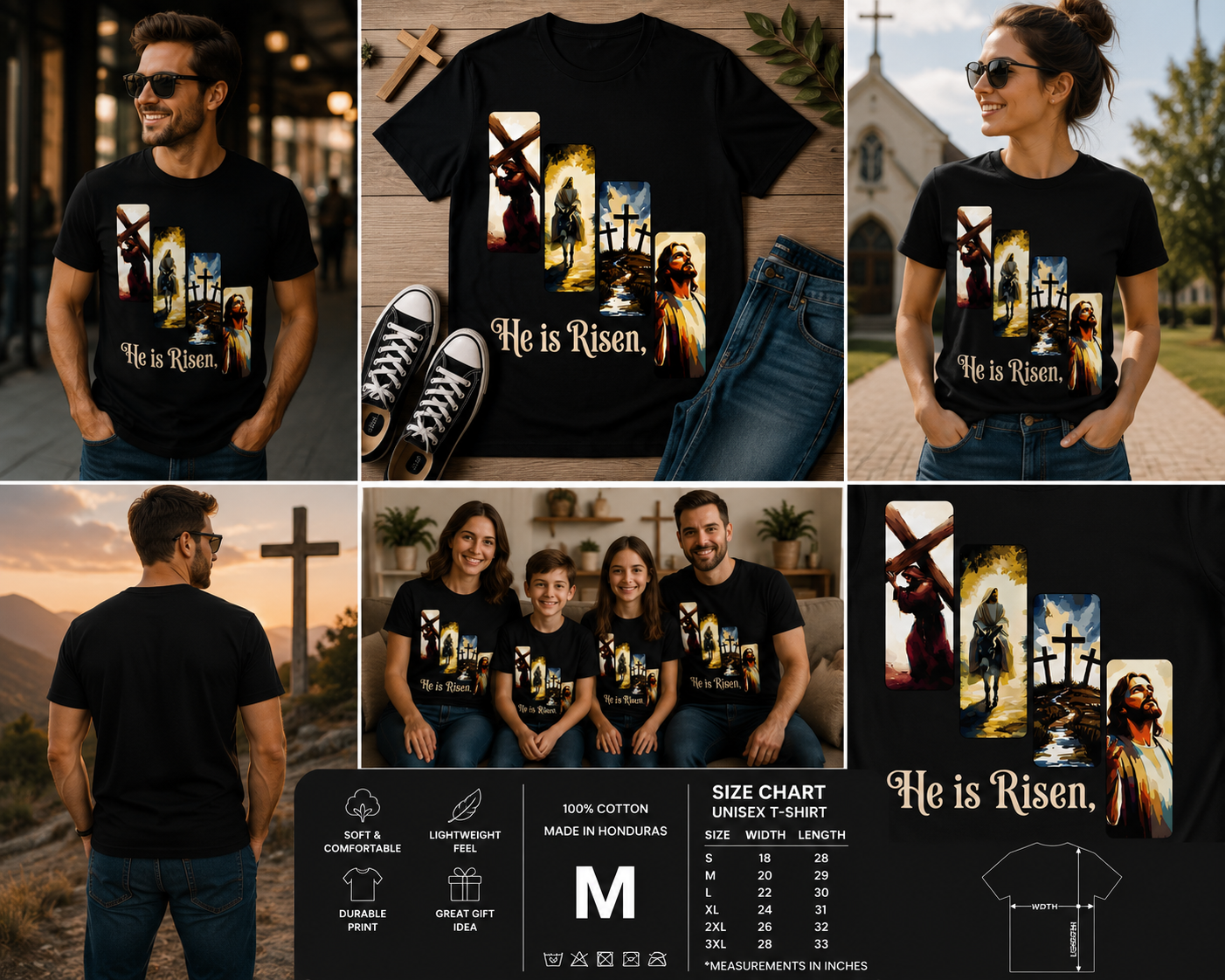 He Is Risen Christian Easter T-Shirt – Jesus 4 Scenes Faith Graphic Tee for Men, Women & Kids