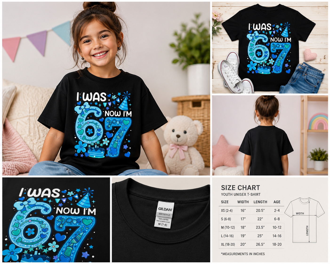 I Was 6 Now I’m 7 Birthday Girl Shirt, Cute Coquette 7th Birthday Tee, Blue Heart Birthday Party Shirt for Kids