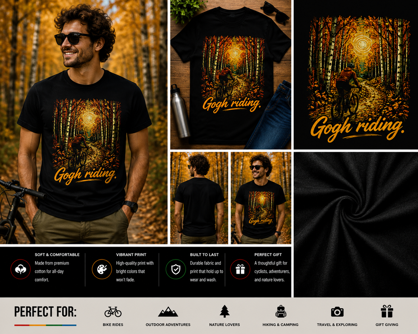 Gogh Riding Funny Cycling T-Shirt – Autumn Forest Bicycle Ride Graphic Tee for Cyclists & Nature Lovers