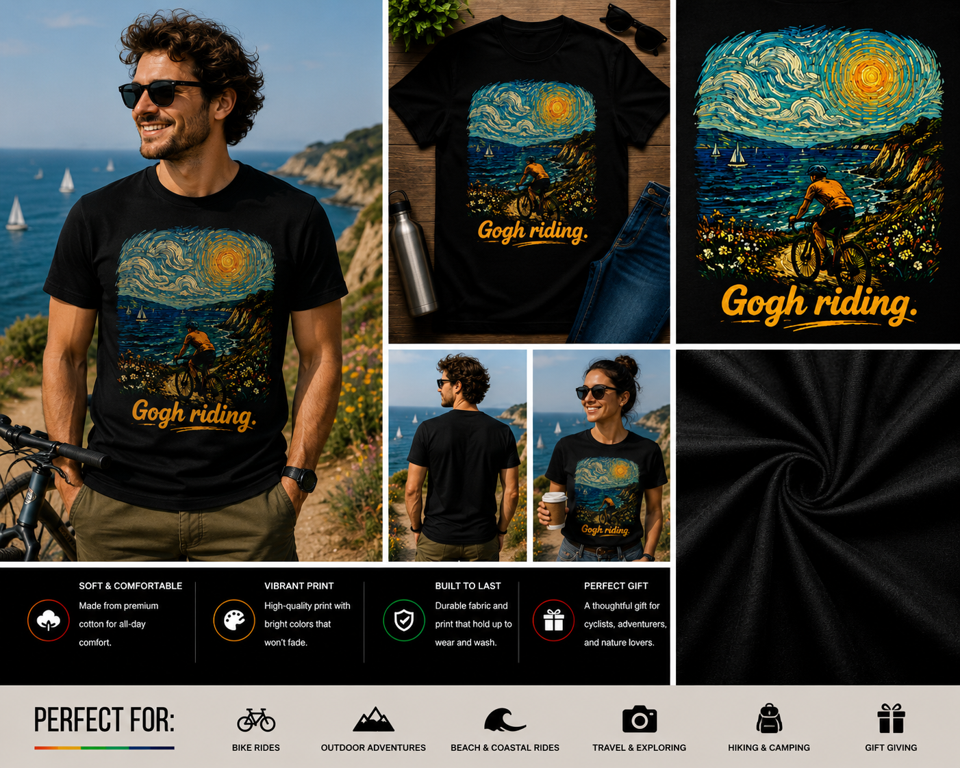 Gogh Riding Coastal Cycling T-Shirt – Van Gogh Inspired Ocean Bike Ride Graphic Tee for Cyclists & Art Lovers