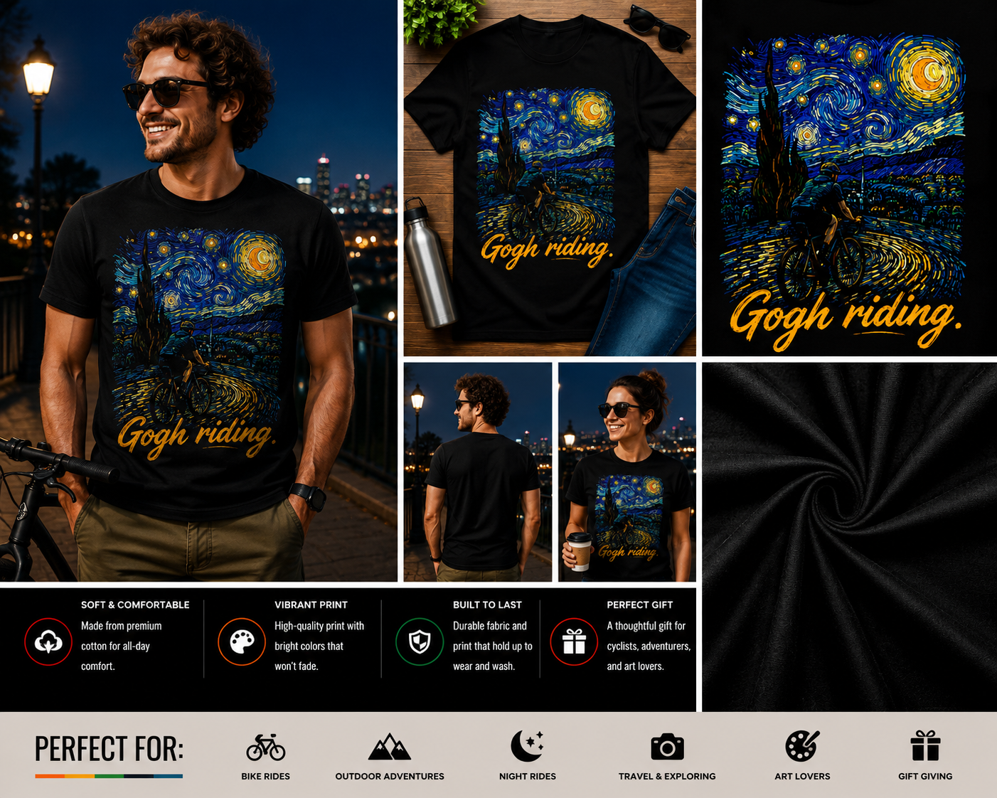 Gogh Riding Cycling T-Shirt – Van Gogh Inspired Starry Night Bike Rider Graphic Tee for Cyclists & Art Lovers