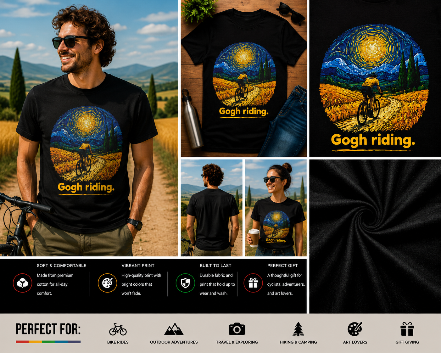 Gogh Riding Cycling T-Shirt – Van Gogh Inspired Bicycle Rider Graphic Tee for Cyclists and Art Lovers