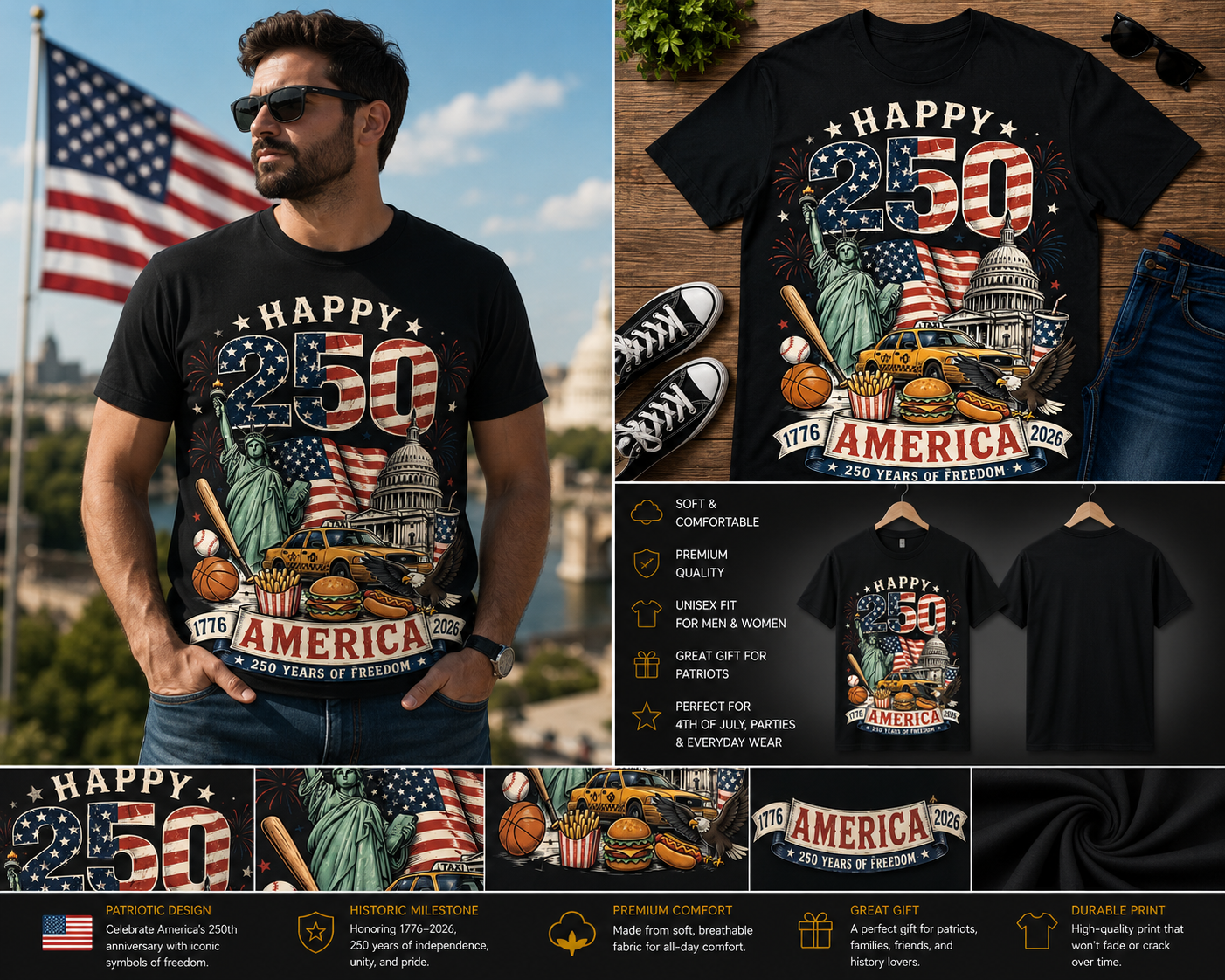 Happy 250 America Shirt – 1776–2026 USA 250 Years of Freedom Patriotic Independence Day T-Shirt