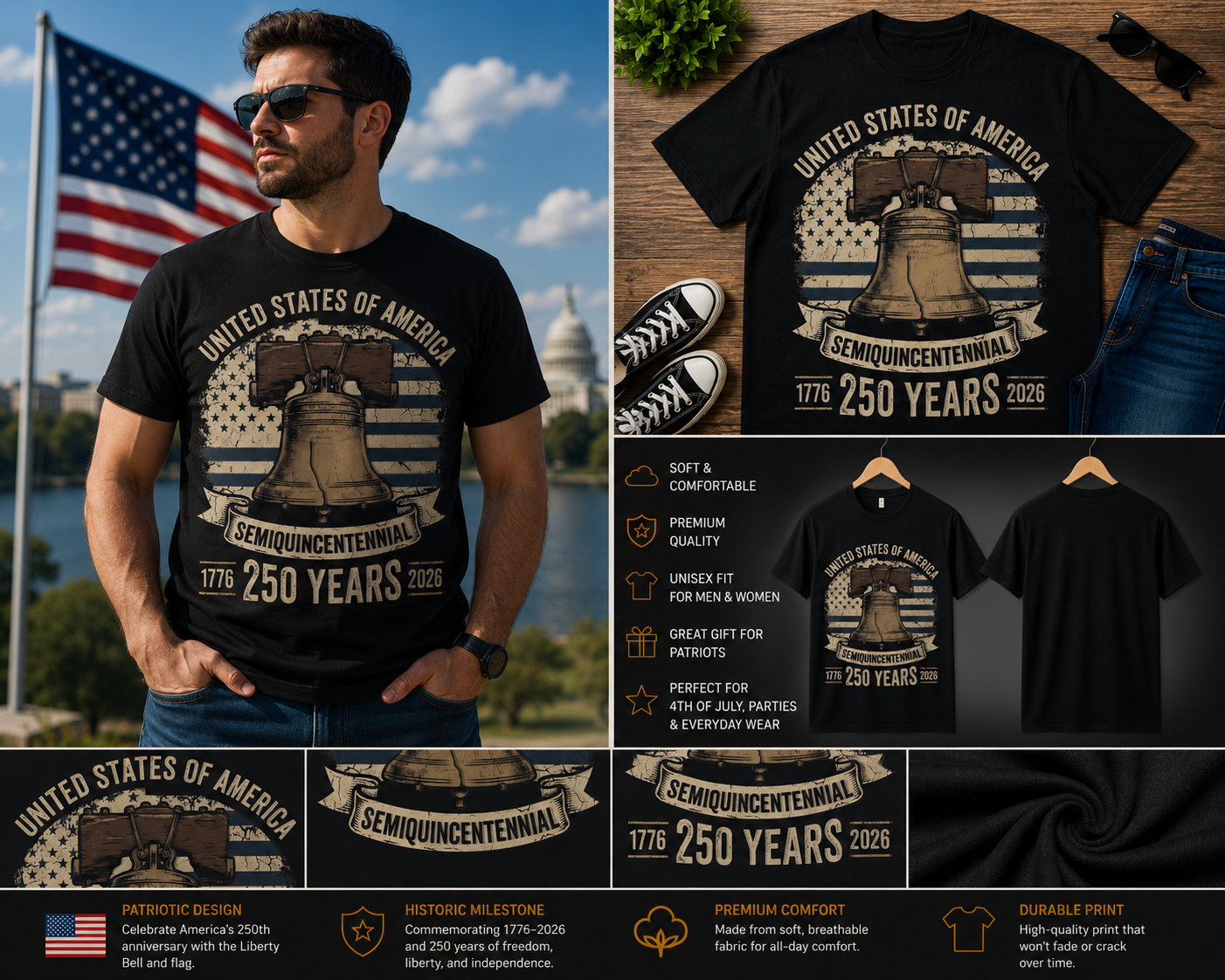 America 250th Anniversary Shirt – Semiquincentennial Liberty Bell 1776–2026 Patriotic USA T-Shirt