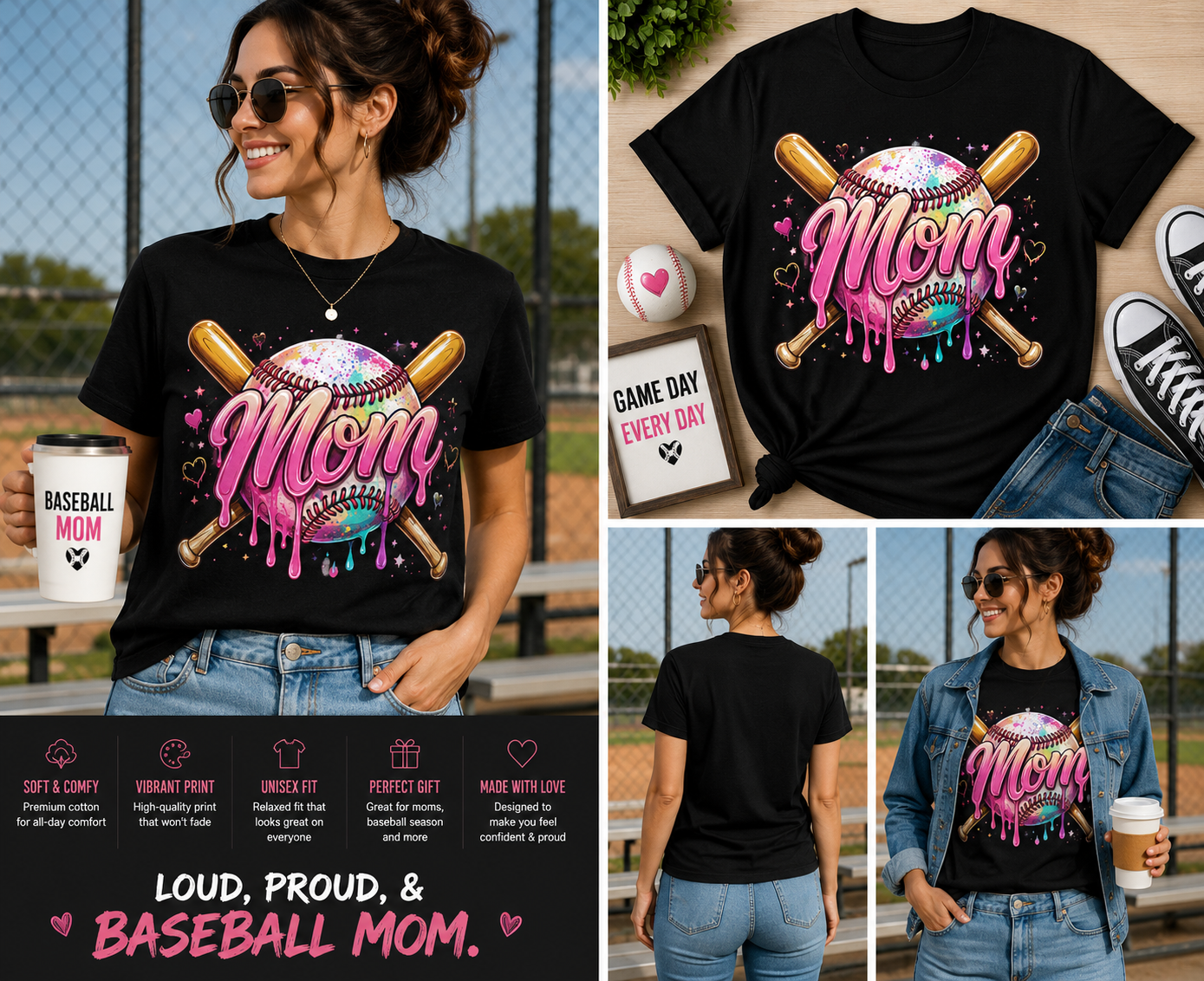 Baseball Mom Drip Shirt – Cute Pink Tie Dye Baseball Graphic Tee for Moms