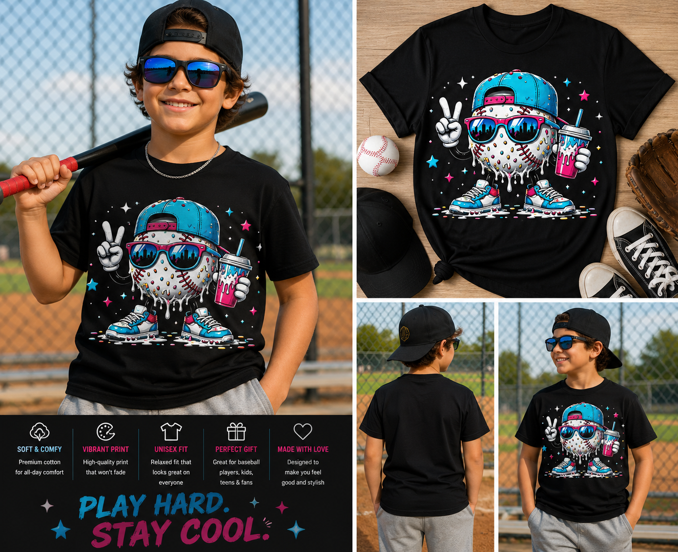 Funny Baseball Drip Cartoon T-Shirt – Cool Baseball Character Graphic Tee for Boys & Baseball Fans
