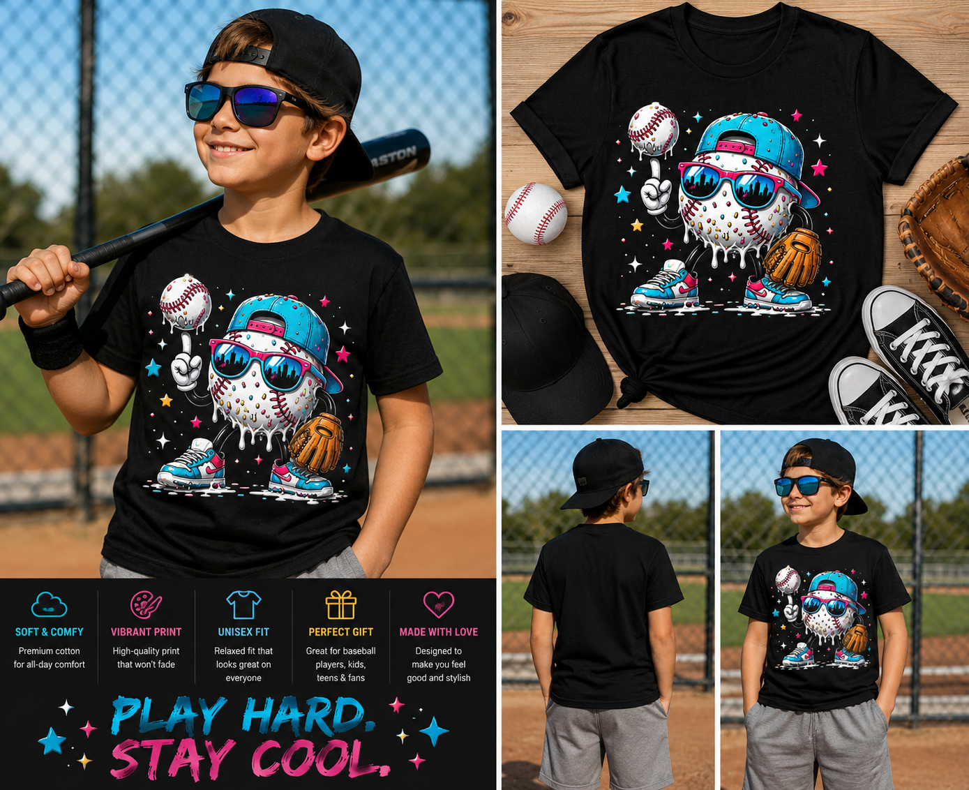Cool Baseball Cartoon Graphic T-Shirt – Funny Drip Baseball Player Tee for Boys & Sports Fans