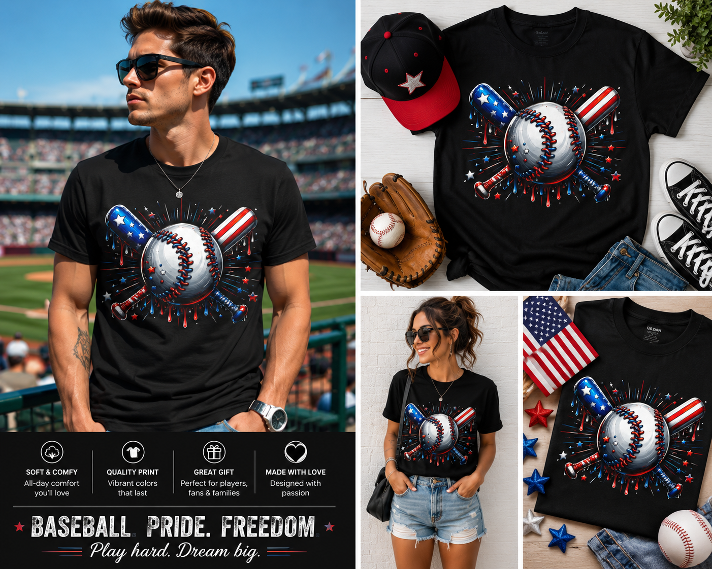 Patriotic Baseball Drip T-Shirt – USA Flag Bat Graphic Tee
