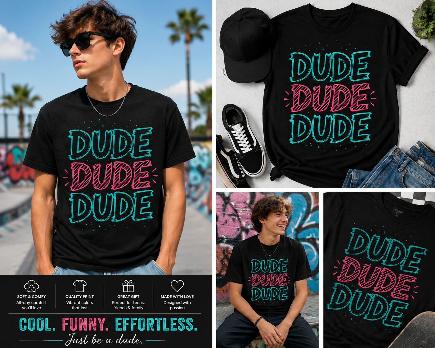 Dude Dude Dude Funny Retro T-Shirt for Boys & Men