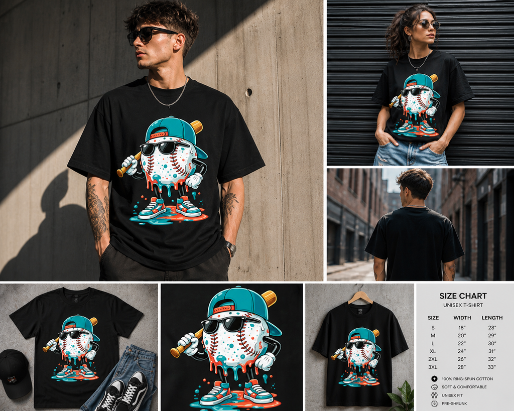 Drip Baseball Mascot T-Shirt, Cool Streetwear Baseball Graphic Tee, Funny Urban Style Shirt for Men & Women